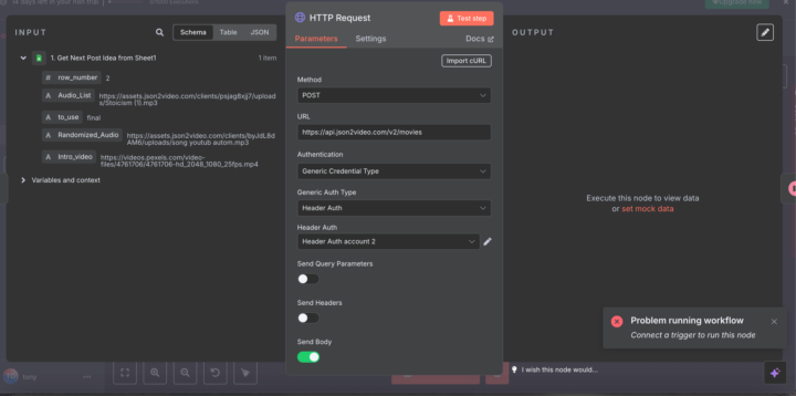 Problem running workflow Connect a trigger to run this node