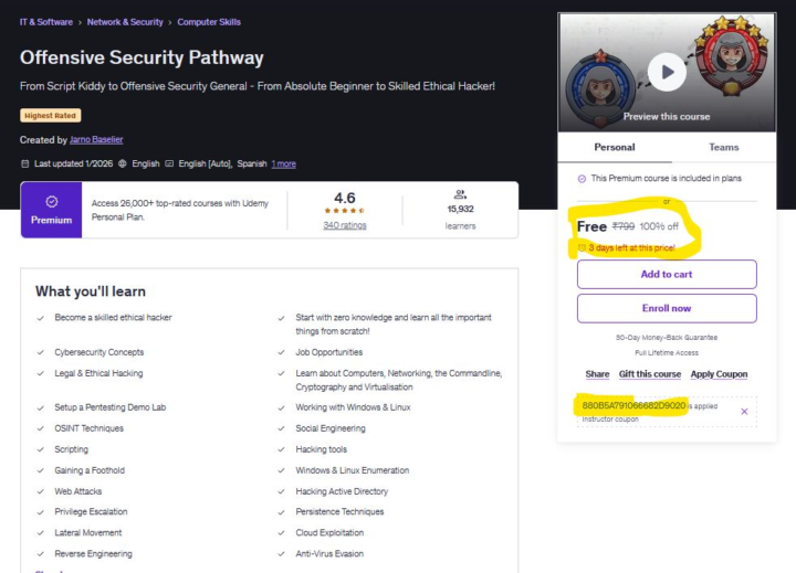 free udemy course coupon: offensive security
