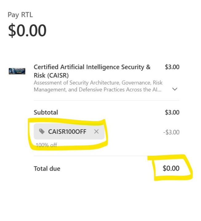 free coupon for AI security & risk 4 hours exam
