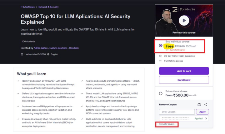 free udemy coupon - owasp llm top 10