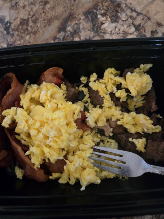 Eggs, Steak and Bacon. 