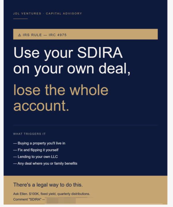 If you have an old 401k or SDIRA and you're planning to use it on your own real estate deal, STOP. 