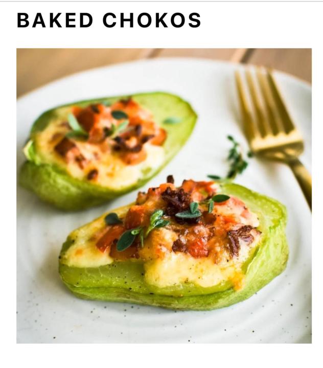 Tomato Bacon and Cheese on top of Baked Choko