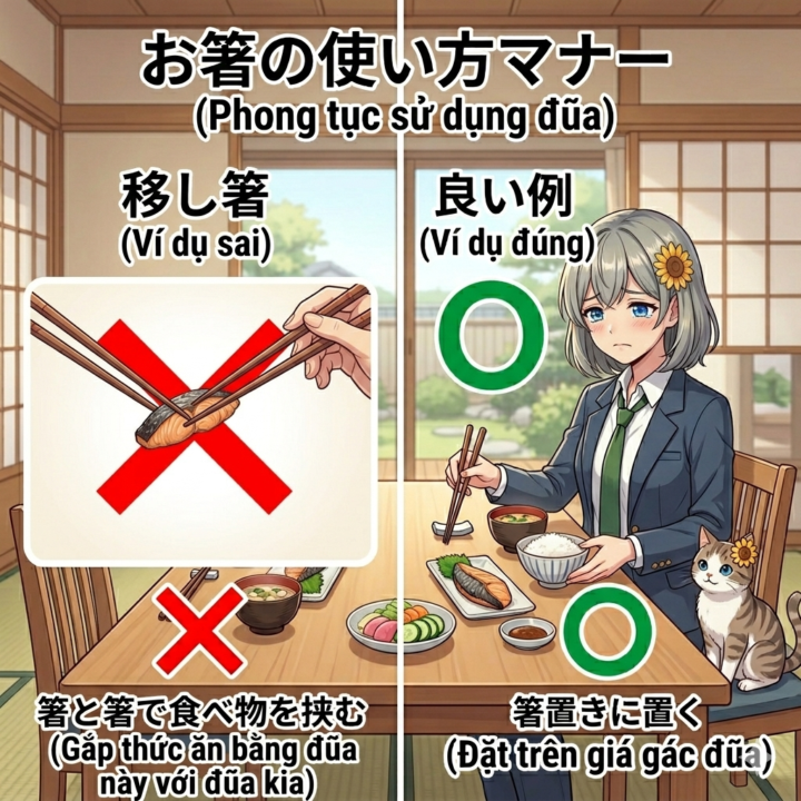 Đừng bao giờ chuyền thức ăn từ đũa sang đũa! 🥢❌🛑 　絶対（ぜったい）にダメ！日本人が一番（いちばん）怖（こわ）がる「移（うつ）し箸（ばし）」