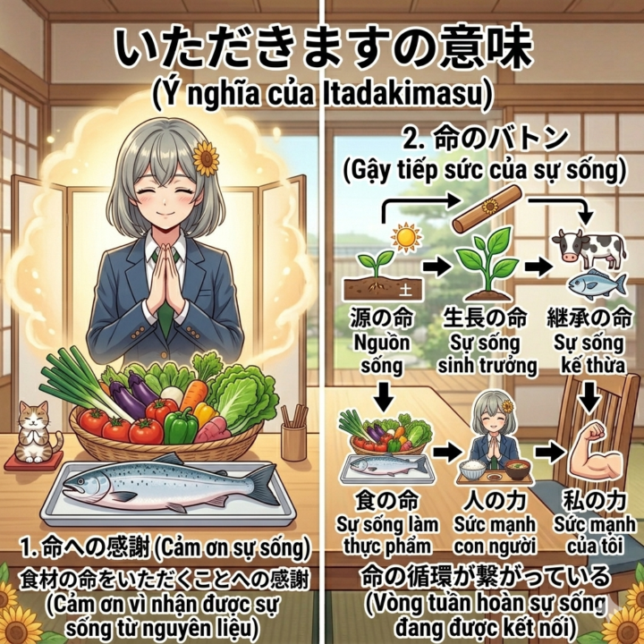 "Itadakimasu" — Không chỉ là lời chào, mà là sự trân trọng mọi sự sống trên thế gian 🍱🙏 　ただの挨拶（あいさつ）じゃない！「いただきます」に込（こ）められた命（いのち）への感謝（かんしゃ）
