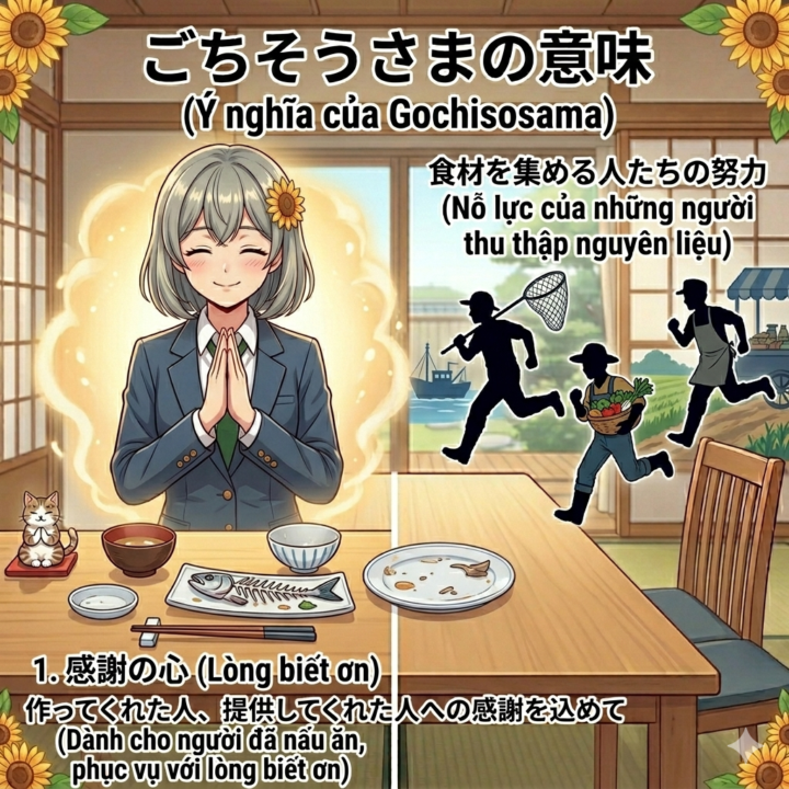 "Gochisousama" — Lời tri ân dành cho những người đã "chạy đua" vì bữa ăn của bạn 🏃‍♂️🍱 　食事（しょくじ）のあとの「ごちそうさま」。走（はし）って準備（じゅんび）してくれた人への「ありがとう」