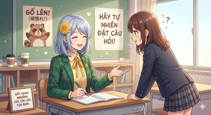 Đừng tự "gồng mình" với những khó khăn — Hãy hỏi thầy nhé! 🙋‍♀️💡 　一人（ひとり）で悩（なや）まないで！どんどん質問（しつもん）してね！