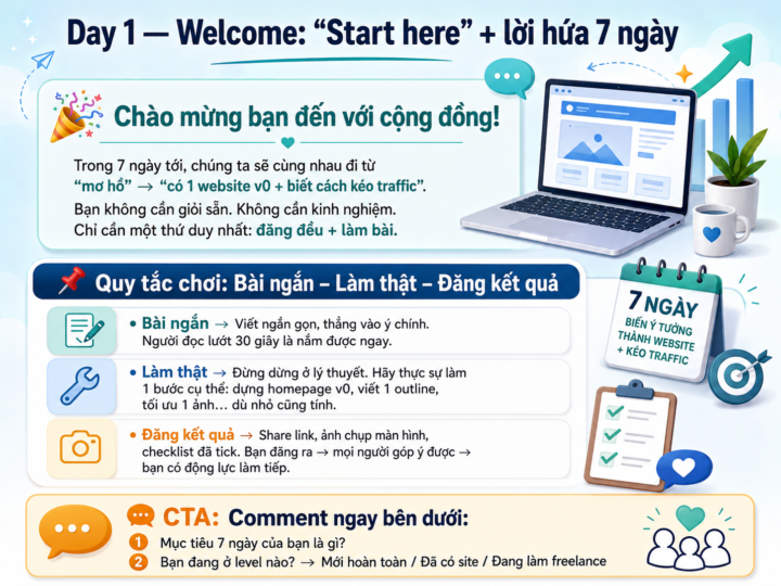 Welcome: “Start here” + lời hứa 7 ngày