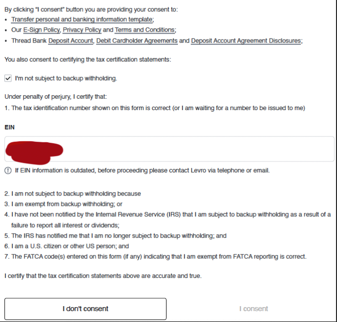Levro Bank Backup Withholding