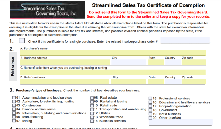 SST form/ Tax Exempt Resale Certificate