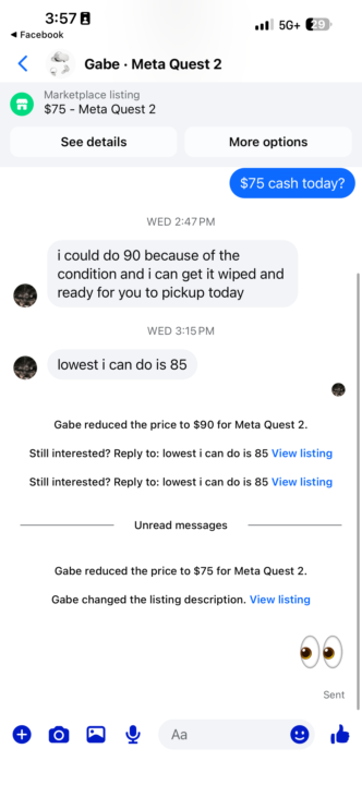 Lowest I can go is $85