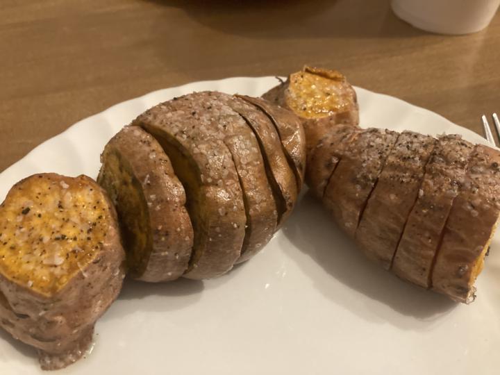 Salmon bites and sweet potatoes. 