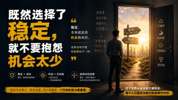 普通人不是没有机会，是不敢承担后果；既然选择了稳定，就不要抱怨机会太少