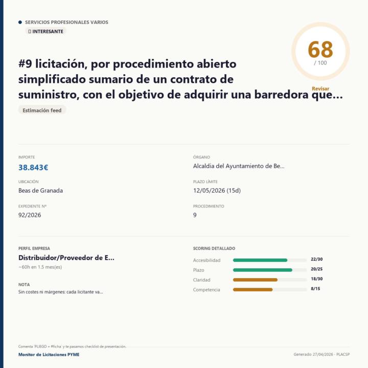 📋 licitación, por procedimiento abierto simplificado sumario de un contrato de suministro, con el objetivo de adquirir una barredora que amenice las tareas de limpieza en la entidad local.