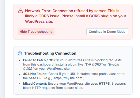 Network Error: Connection refused by server. This is likely a CORS issue.