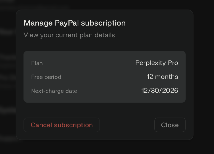 Perplexity free for 12 months via PayPal!