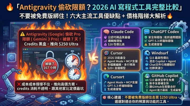 Antigravity 偷砍限額，你的 AI 寫程式工具選對了嗎？2026 完整比較