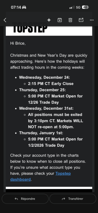 ⚠️ Topstep - Horaires de trading (heure FR 🇫🇷)
