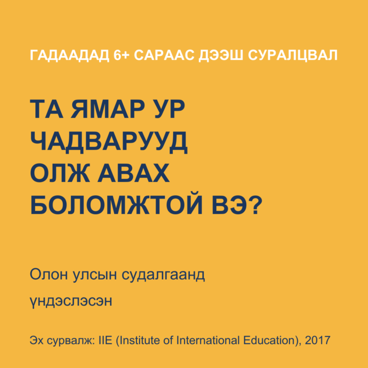ТА ГАДААДАД СУРСНААР ОЛЖ АВАХ УР ЧАДВАРУУД