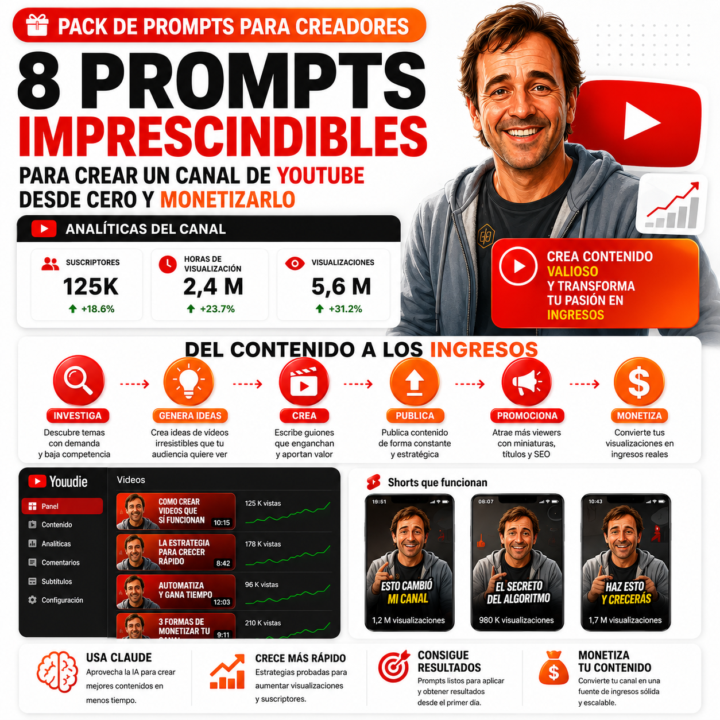  8 prompts de claude para empezar tu canal de YouTube con una estrategia desde el primer día.