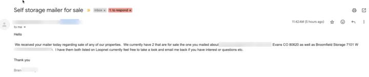 Got my first response to recent direct mail campaign..[w/ screenshot].