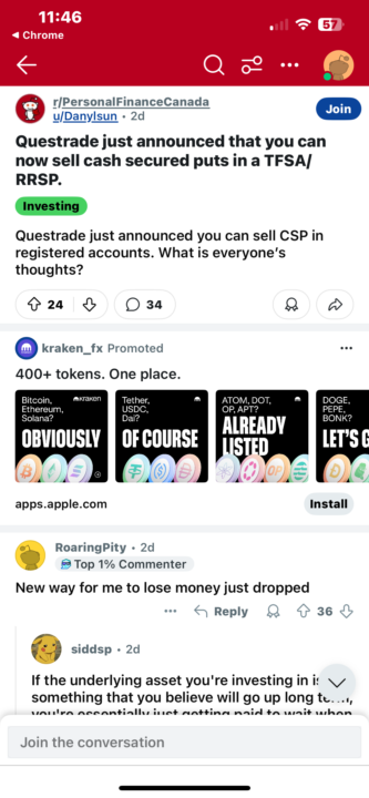 Cash secured puts now allowed in registered accounts (RRSP, TFSA) via Questrade