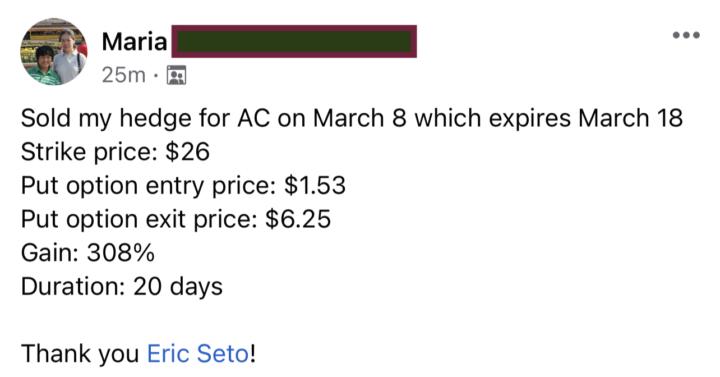 Maria made 308% from AC in 1 month hedge
