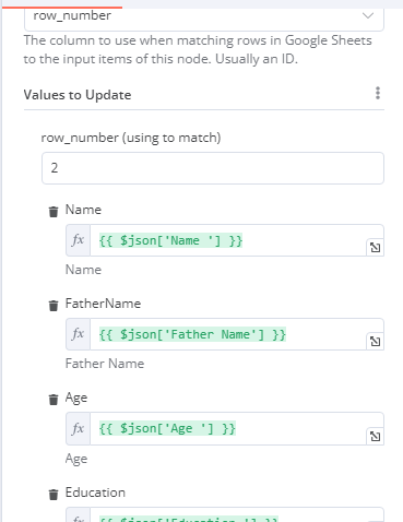 How to use update a google sheet node