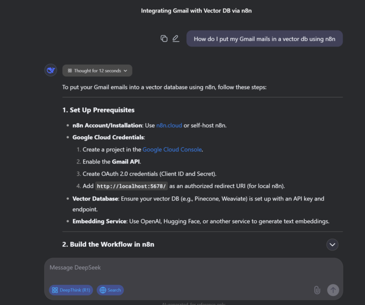 Deepseek: create me a n8n json flow to put my Gmail into vector DB
