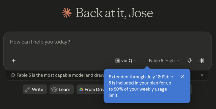 Fable 5 usage extended to July 12 