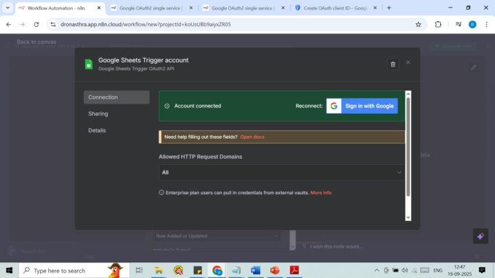 Unable to create OAuth Redirect URL to connect with Google Sheet