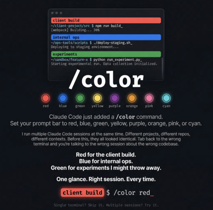 Claude Code just added a /color command. 