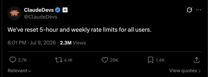 5 hour and weekly limits have been reset. 