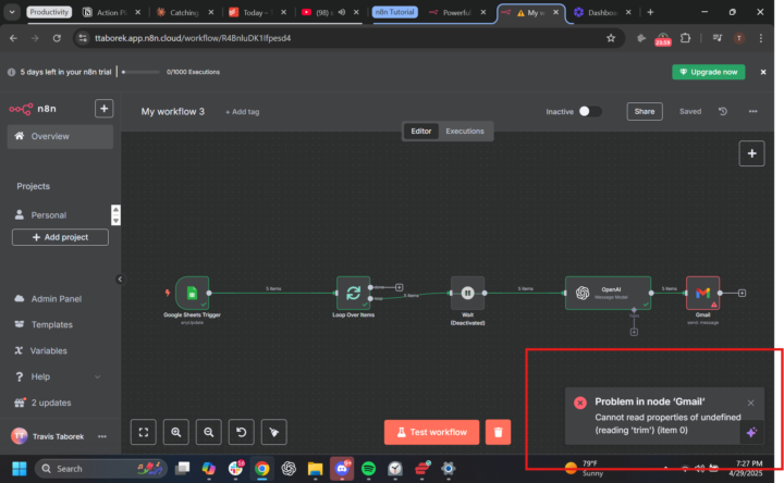 Doing masterclass - problems with Gmail node