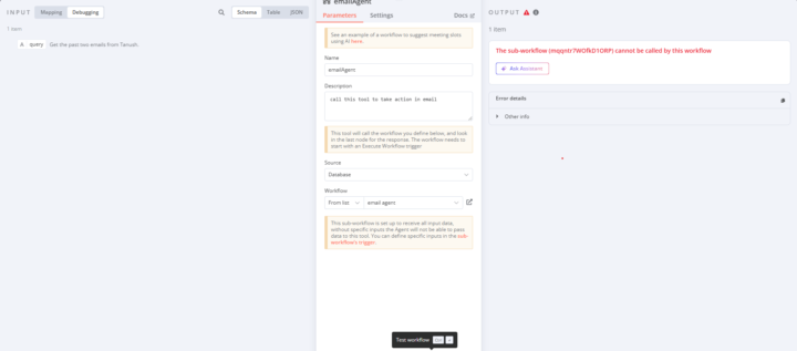 The sub-workflow (mqqntr7WOfkD1ORP) cannot be called by this workflow for my personal ai agent
