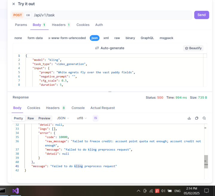 Unable to generate vedio using Kling