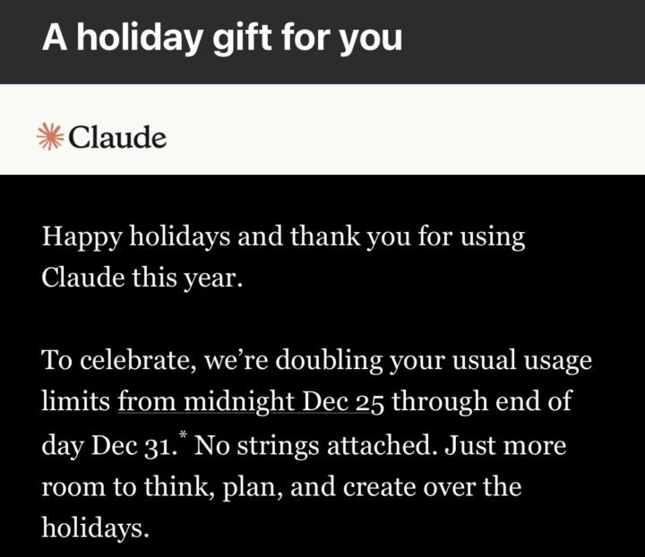 Claude is doubling usage limits from Dec 25-31