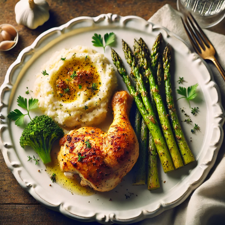 Lemon Herb Roasted Chicken with Garlic Mashed Cauliflower and Asparagus