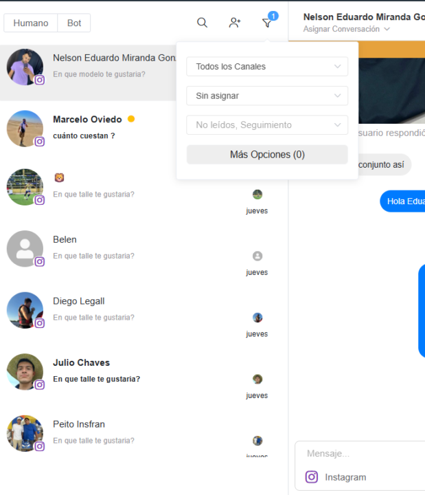 Conversaciones sin asignar de instagram a whapify