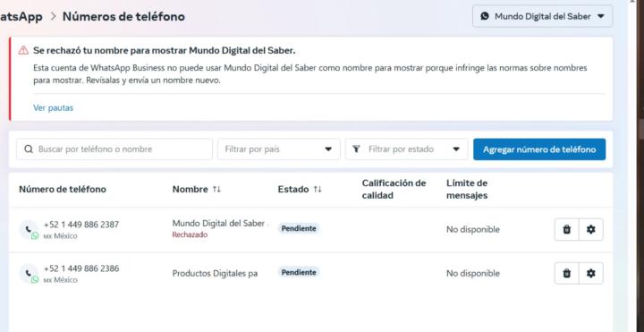 Error al crear nombre para cuenta de WhatsApp en Meta