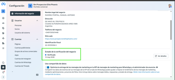 BM VERIFICADO Y CUENTA DE WHATSAPP BUSINESS ACTIVA