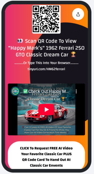 ✅ Check Out "Happy Mark’s" 1962 Ferrari 250 GTO Classic Dream Car QR Code Card ✅ 
