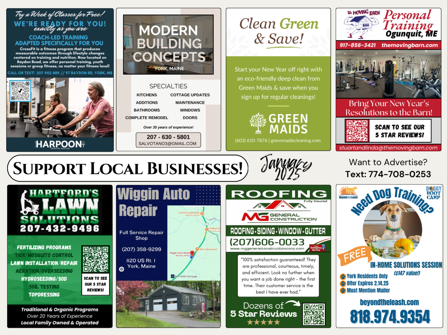 Real printed 9x12 postcard front bottom half showing 8 more ad slots