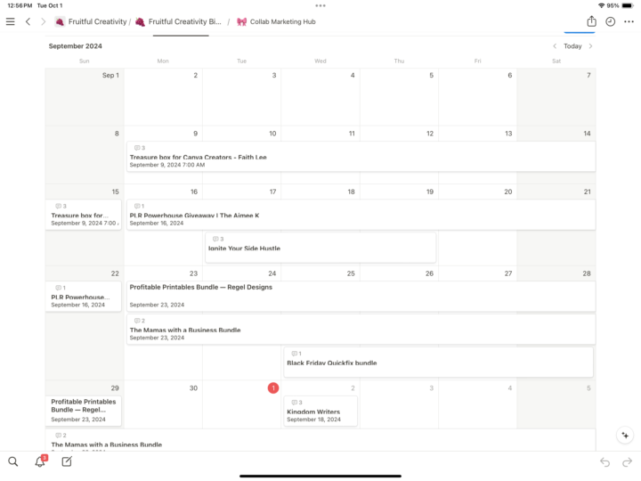 Here’s my Collab Calendar from September. I participated in 6 events and gained several hundred email subscribers and made a couple hundred dollars! Thanks Bree for making it easier to find bundles and Collab opportunities!