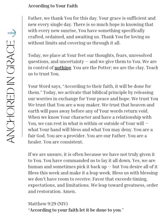 According to Your Faith