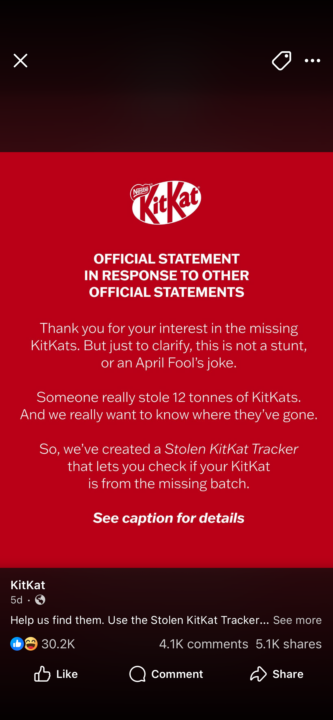 Someone stole 12 tons of KitKats