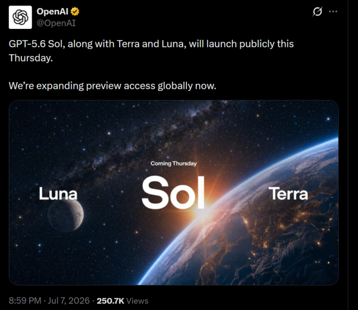 GPT-5.6 Sol, Terra and Luna, will launch on Thursday