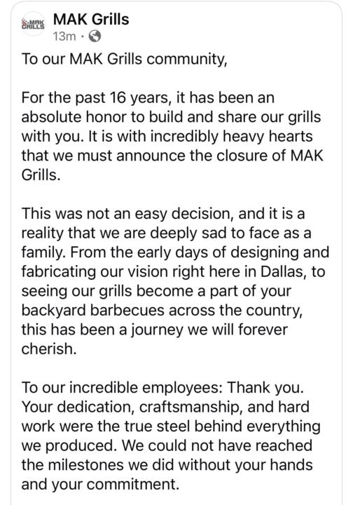 MAK Grills Permanently Closed 