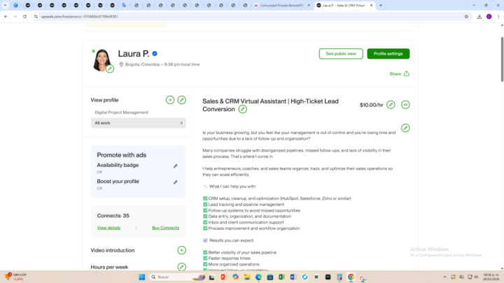 Ayuda urgente: Cómo puedo optimizar más y adecuadamente mi perfil de Upwork y empezar a aplicar a vacantes de tiempo fraccional (Entre 2 a 3 horas laborales diarias)