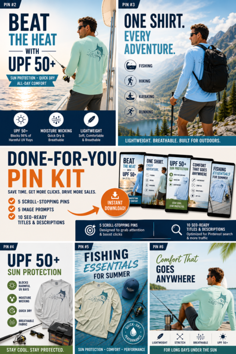 🎣 NEW Done-For-You Pin Kit: Men's UPF 50+ Fishing Shirt